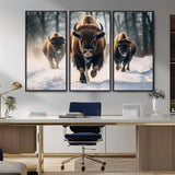 56549-MGV-CV-36X24-Wild Bison Wall Art – Majestic Buffalo Herd Running in Snow Canvas Print, Rustic Wildlife Photography Decor for Cabin, Lodge, or