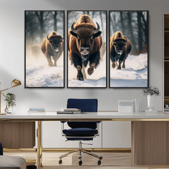 56549-MGV-CV-36X24-Wild Bison Wall Art – Majestic Buffalo Herd Running in Snow Canvas Print, Rustic Wildlife Photography Decor for Cabin, Lodge, or