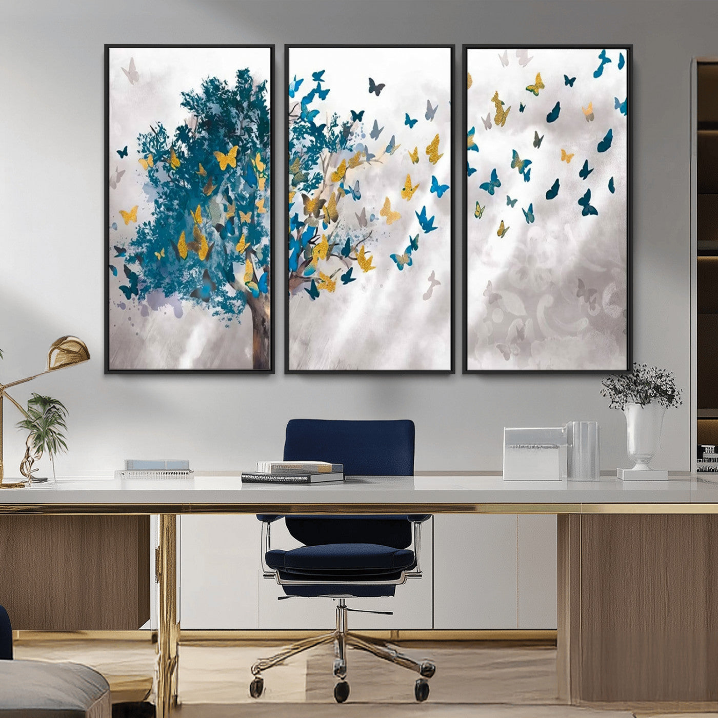 37564-MGV-CV-36X24-Butterfly Tree Wall Art – Modern Nature Canvas Print with Blue and Golden Butterflies, Elegant Decorative Painting for Living Room