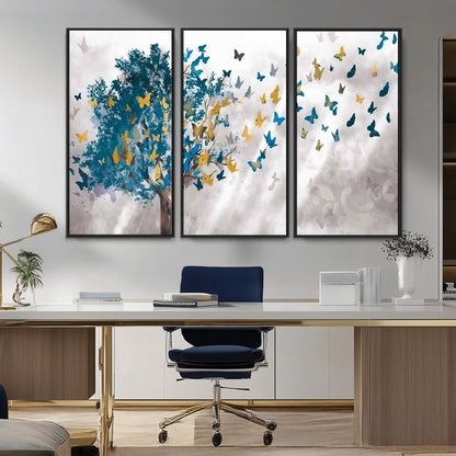 37564-MGV-CV-36X24-Butterfly Tree Wall Art – Modern Nature Canvas Print with Blue and Golden Butterflies, Elegant Decorative Painting for Living Room