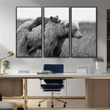 76338-MGV-FC-48X32-3P_Black-Mother Bear and Cub Wall Art – Black and White Wildlife Canvas Print, Rustic Nature Photography for Cabin, Living Room or Office