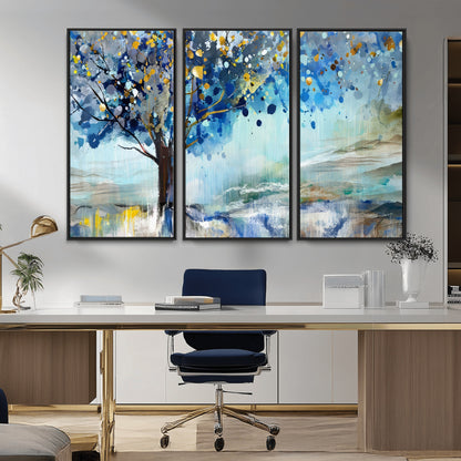 17018-MGV-CV-36X24-Abstract Blue Tree Wall Art – Colorful Canvas Painting with Gold and Silver Accents, Modern Nature Artwork for Living Room,