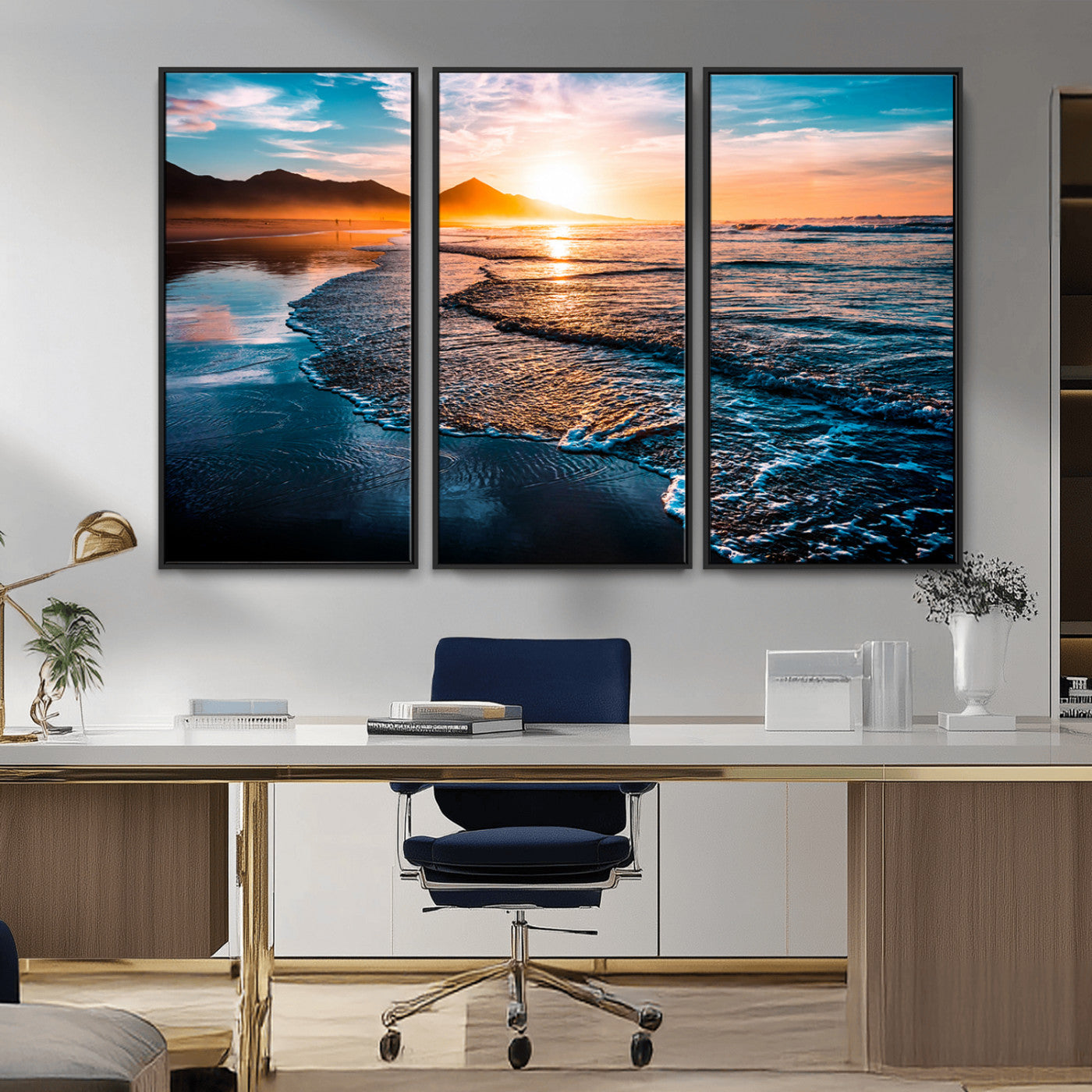 26494-MGV-CV-36X24-Ocean Sunset Wall Art – Scenic Beach Canvas Print with Waves and Mountains, Coastal Seascape Photography for Living Room, Bedroom