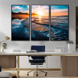26494-MGV-CV-36X24-Ocean Sunset Wall Art – Scenic Beach Canvas Print with Waves and Mountains, Coastal Seascape Photography for Living Room, Bedroom