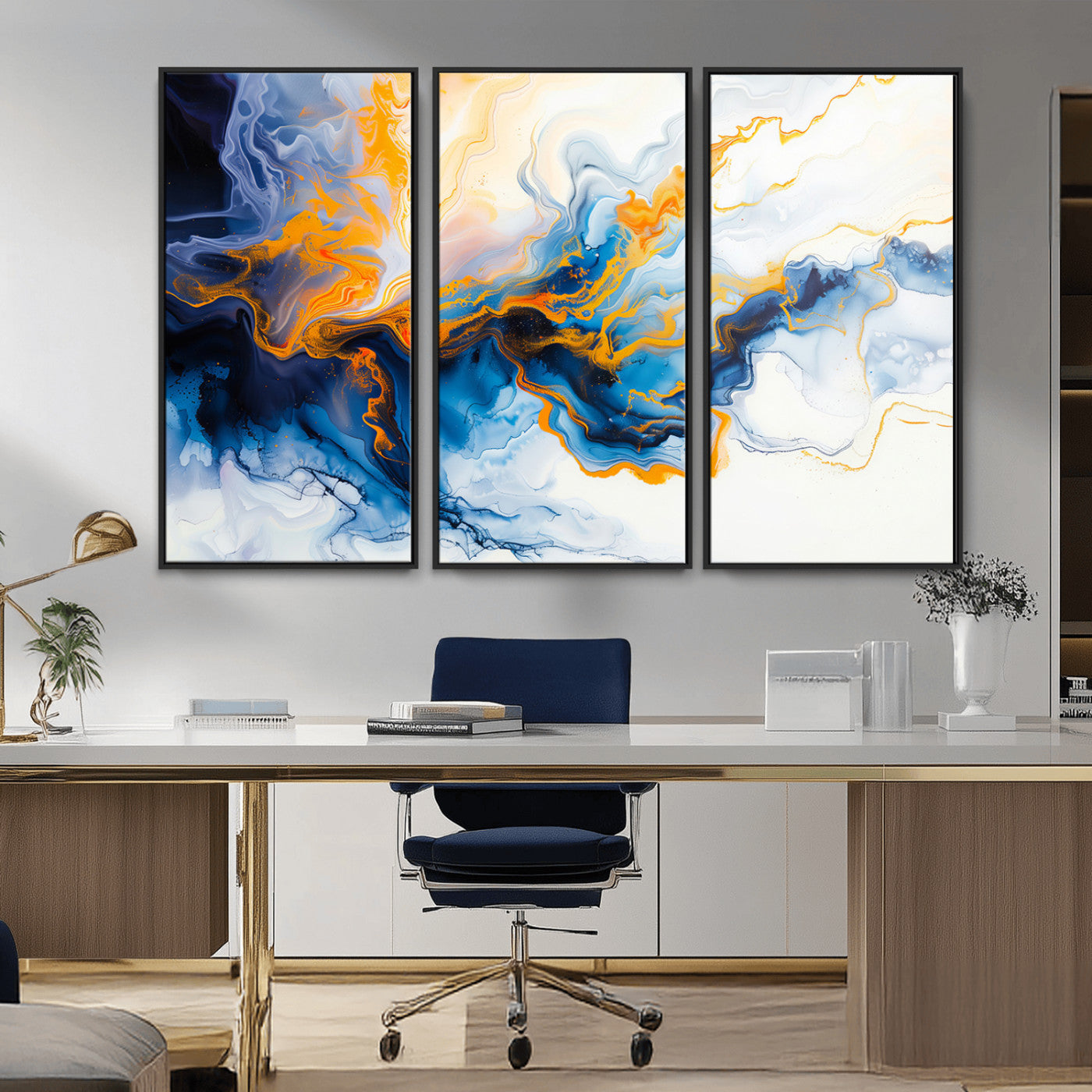 83720-MGV-CV-36X24-Abstract Fluid Wall Art – Blue, White and Gold Swirl Canvas Painting, Modern Contemporary Artwork for Living Room, Bedroom or