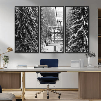 19240-MGV-CV-36X24-Ski Lift Wall Art – Black and White Winter Mountain Canvas Print, Snowy Forest Ski Resort Photography for Cabin, Lodge, Office or
