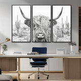 94579-MGV-FC-48X32-3P_Black-Highland Cow Wall Art – Black and White Longhorn Canvas Print, Rustic Western Farmhouse Animal Photography for Living Room,