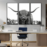 58188-MGV-CV-36X24-Highland Cow Wall Art – Black and White Rustic Farmhouse Canvas Print, Longhorn Cattle Photography Decor for Living Room or
