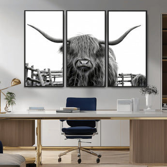 58188-MGV-CV-36X24-Highland Cow Wall Art – Black and White Rustic Farmhouse Canvas Print, Longhorn Cattle Photography Decor for Living Room or