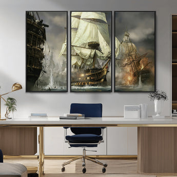 26512-MGV-CV-36X24-Naval Battle Wall Art – Dramatic Tall Ship Canvas Print, Historic Pirate Sailing War Scene, Nautical Decor for Office, Study or