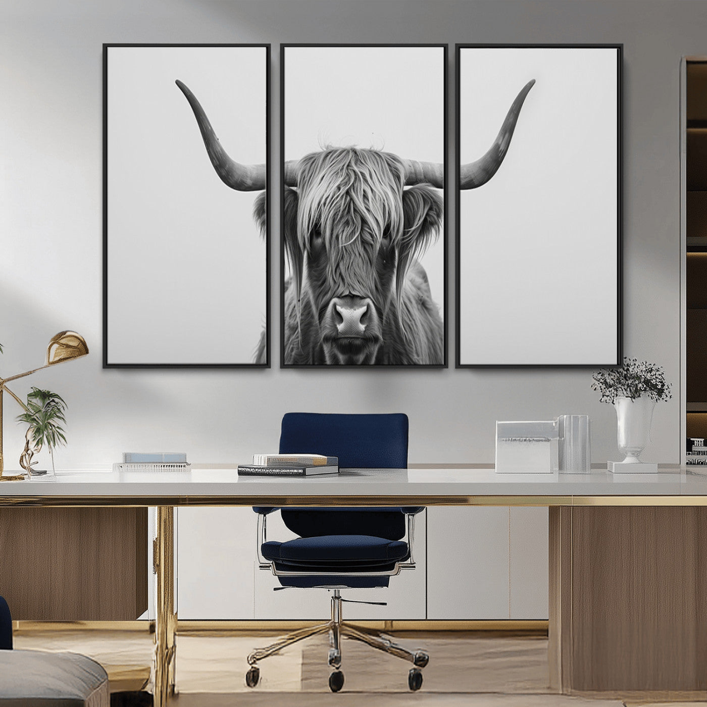 35820-MGV-CV-36X24-Minimalist Highland Cow Wall Art – Black and White Longhorn Cattle Canvas Print, Modern Farmhouse Animal Photography Decor for