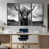 17924-MGV-FC-48X32-3P_Black-Highland Cow Wall Art – Black and White Rustic Longhorn Cattle Canvas Print, Farmhouse Animal Photography Decor for Country Home