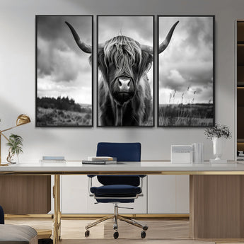 17924-MGV-FC-48X32-3P_Black-Highland Cow Wall Art – Black and White Rustic Longhorn Cattle Canvas Print, Farmhouse Animal Photography Decor for Country Home