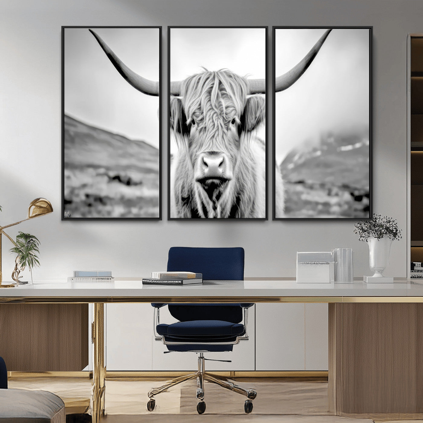 80564-MGV-CV-36X24-Highland Cow Wall Art – Black and White Scottish Highland Canvas Print, Rustic Farmhouse Decor for Living Room, Bedroom or Office