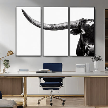 31699-MGV-CV-36X24-Longhorn Wall Art – Black and White Texas Longhorn Cow Canvas Print, Rustic Western Farmhouse Artwork for Living Room, Bedroom or