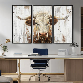 71551-MGV-CV-36X24-Longhorn Bull Wall Art – Rustic Western Cow Canvas Print, Farmhouse Animal Painting with Wood Plank Style for Living Room, Office