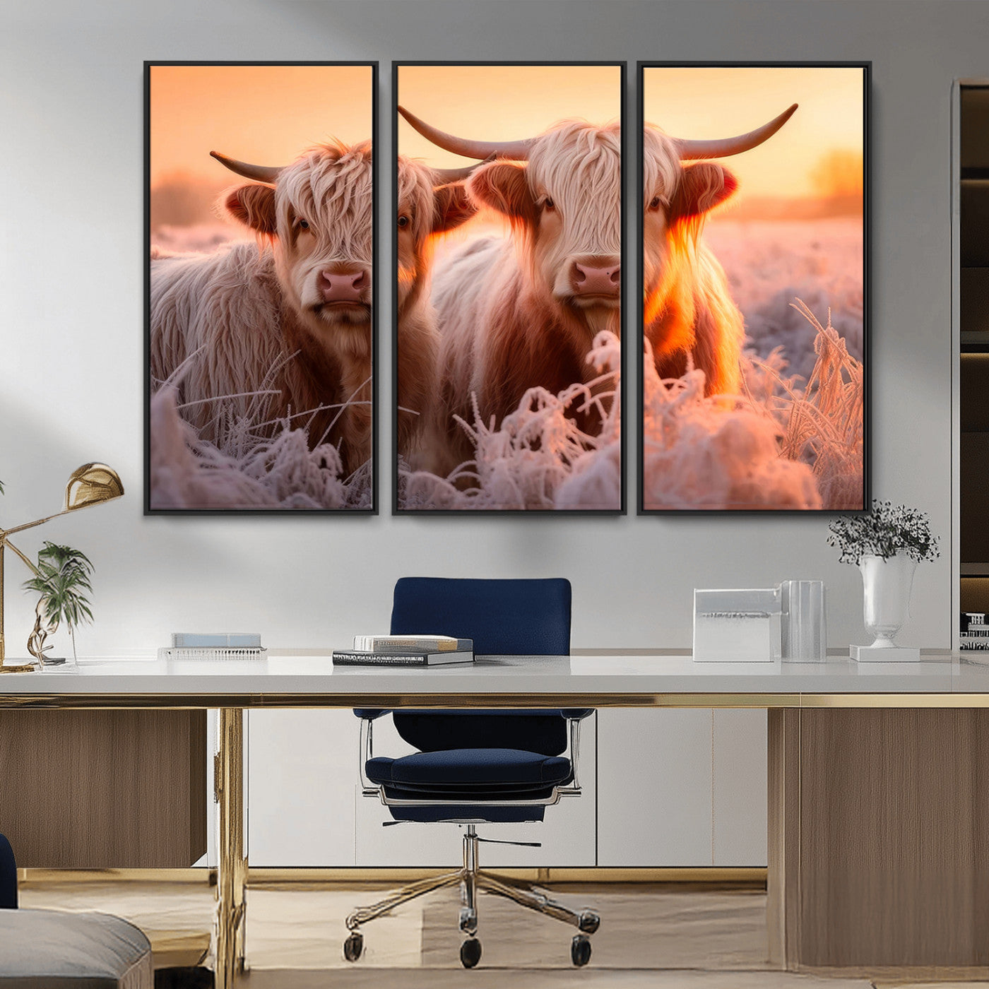 68253-MGV-CV-36X24-Highland Cow Wall Art – Rustic Farmhouse Cattle Canvas Print, Frosty Sunset Animal Artwork for Living Room, Bedroom or Country