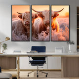 68253-MGV-CV-36X24-Highland Cow Wall Art – Rustic Farmhouse Cattle Canvas Print, Frosty Sunset Animal Artwork for Living Room, Bedroom or Country