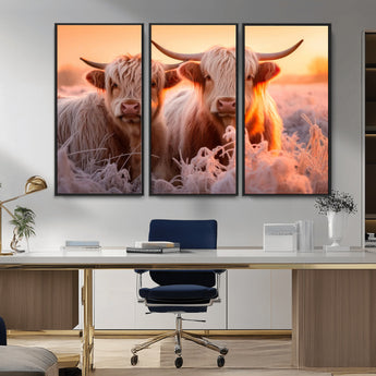 68253-MGV-CV-36X24-Highland Cow Wall Art – Rustic Farmhouse Cattle Canvas Print, Frosty Sunset Animal Artwork for Living Room, Bedroom or Country