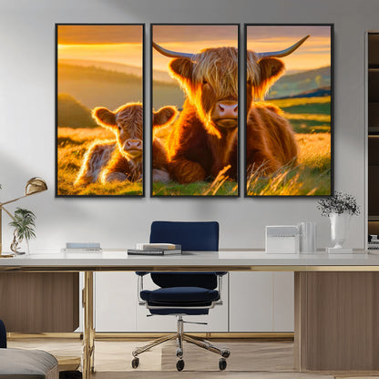 20567-MGV-CV-36X24-Highland Cow and Calf Wall Art – Rustic Farmhouse Sunset Cattle Canvas Print, Country Animal Artwork for Living Room, Bedroom, or