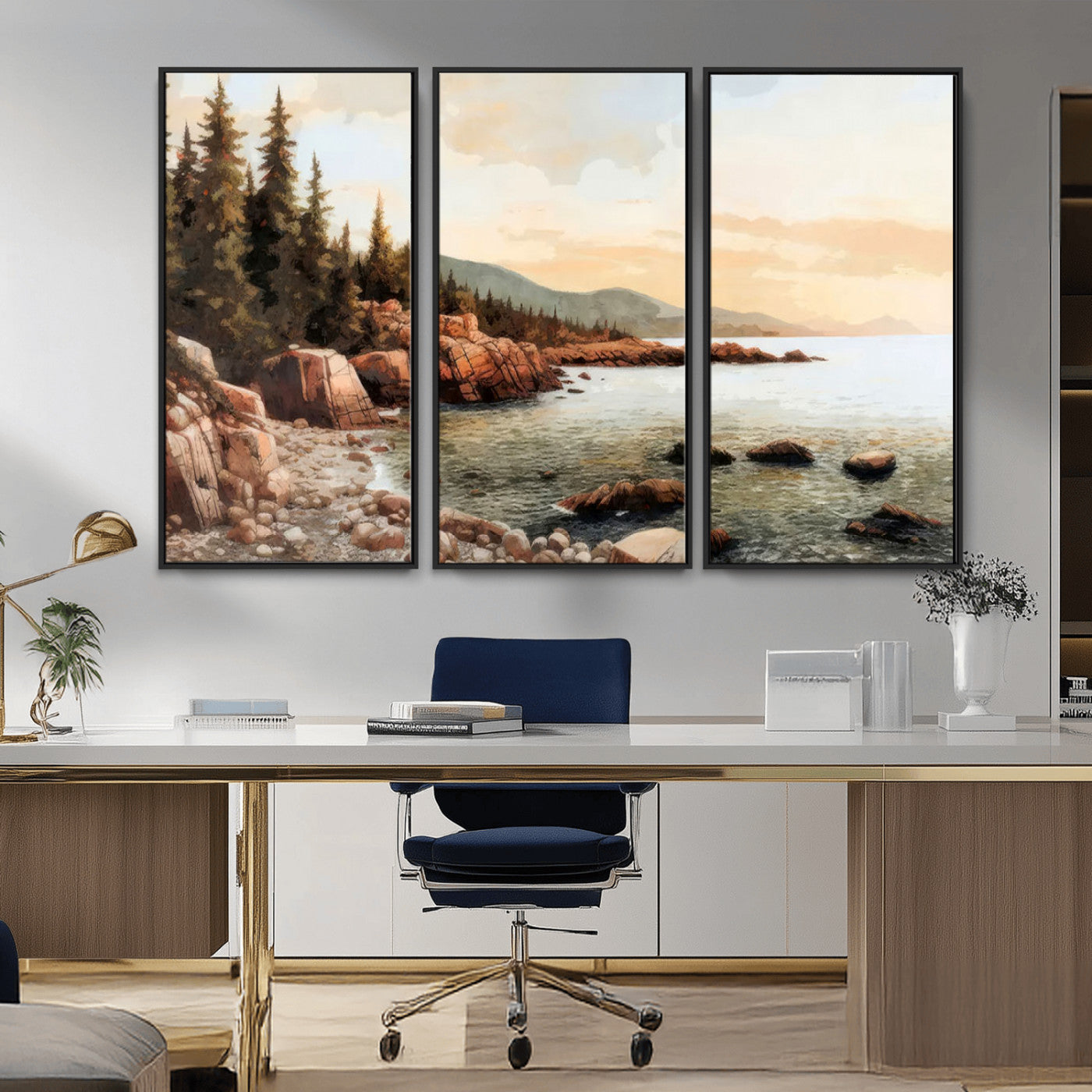 77145-MGV-CV-36X24-Coastal Landscape Wall Art – Panoramic Rocky Shoreline and Pine Trees Canvas Print, Rustic Nature Decor for Cabin, Lodge, Office,