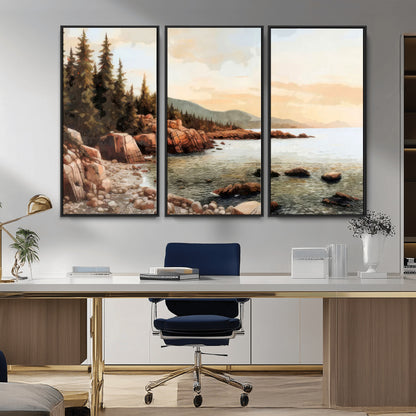 77145-MGV-CV-36X24-Coastal Landscape Wall Art – Panoramic Rocky Shoreline and Pine Trees Canvas Print, Rustic Nature Decor for Cabin, Lodge, Office,