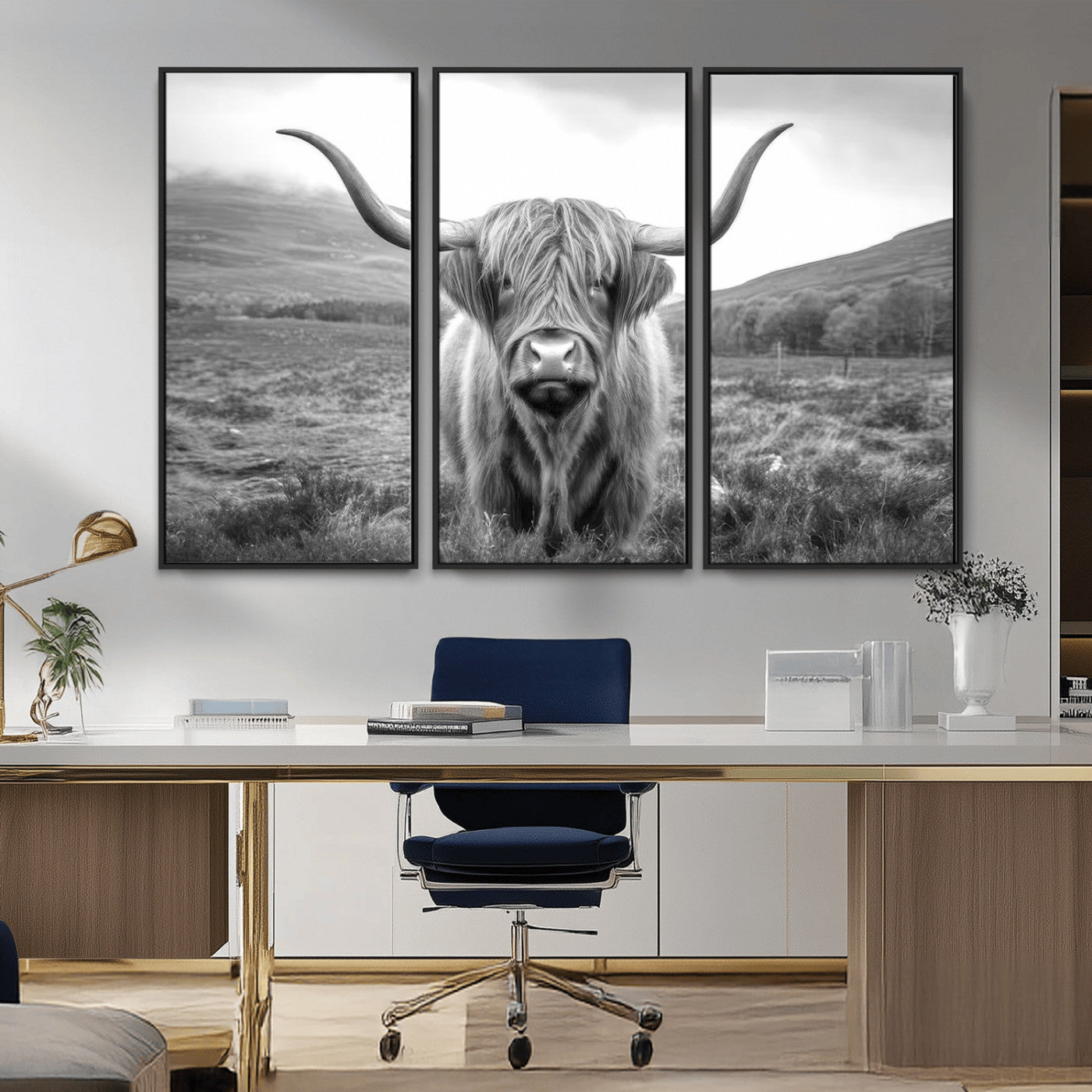 52903-MGV-CV-36X24-Highland Cow Wall Art – Black and White Canvas Print Rustic Cattle Portrait, Farmhouse Country Decor for Living Room, Office,