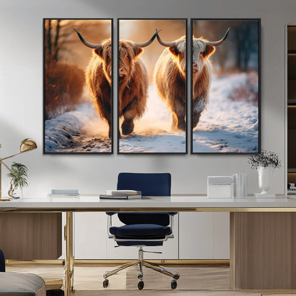 94810-MGV-CV-36X24-Highland Cow Wall Art – Rustic Canvas Print Two Cattle Snow Path Sunset, Farmhouse Country Decor for Living Room, Bedroom, Office,