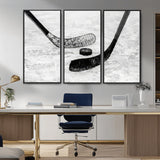 82900-MGV-CV-36X24-Hockey Wall Art – Black and White Canvas Print Ice Rink Sticks Puck Sports Photography, Modern Decor for Game Room, Man Cave,
