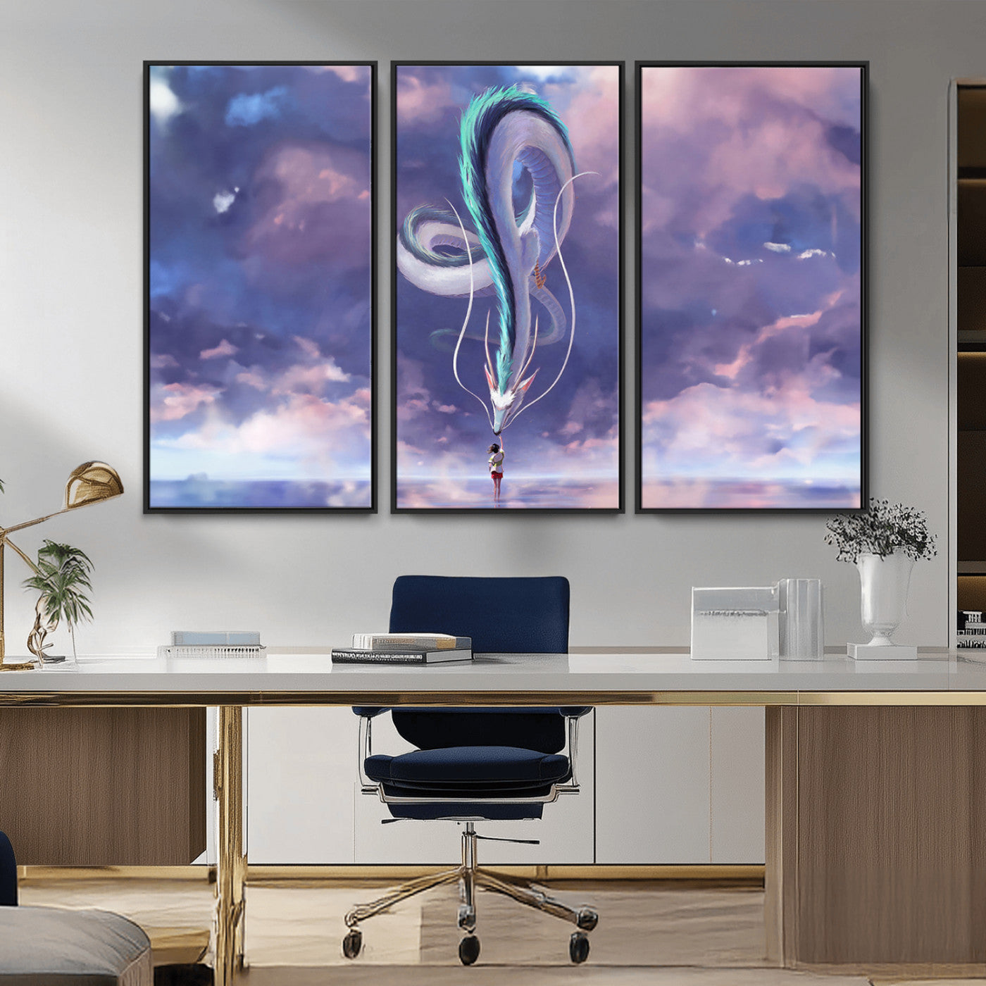 66864-MGV-CV-36X24-Fantasy Dragon Wall Art – Mystical Canvas Print Girl and Sky Serpent Dreamlike Clouds, Magical Anime Inspired Decor for Living