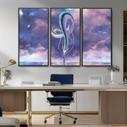 66864-MGV-CV-36X24-Fantasy Dragon Wall Art – Mystical Canvas Print Girl and Sky Serpent Dreamlike Clouds, Magical Anime Inspired Decor for Living