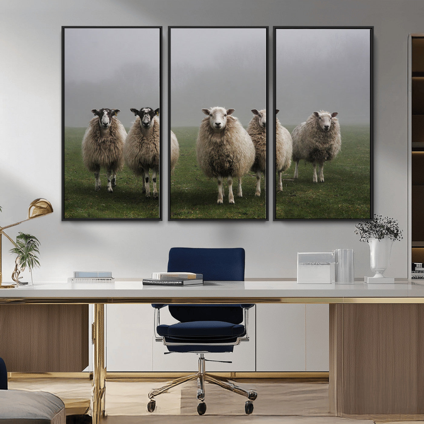 87339-MGV-CV-36X24-Sheep Wall Art – Rustic Farmhouse Canvas Print Flock Standing Misty Field Countryside Photography, Country Animal Decor for Living