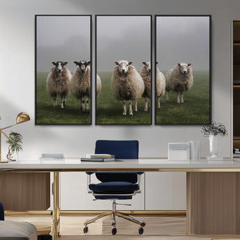 87339-MGV-CV-36X24-Sheep Wall Art – Rustic Farmhouse Canvas Print Flock Standing Misty Field Countryside Photography, Country Animal Decor for Living