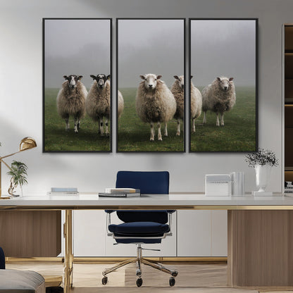 87339-MGV-CV-36X24-Sheep Wall Art – Rustic Farmhouse Canvas Print Flock Standing Misty Field Countryside Photography, Country Animal Decor for Living
