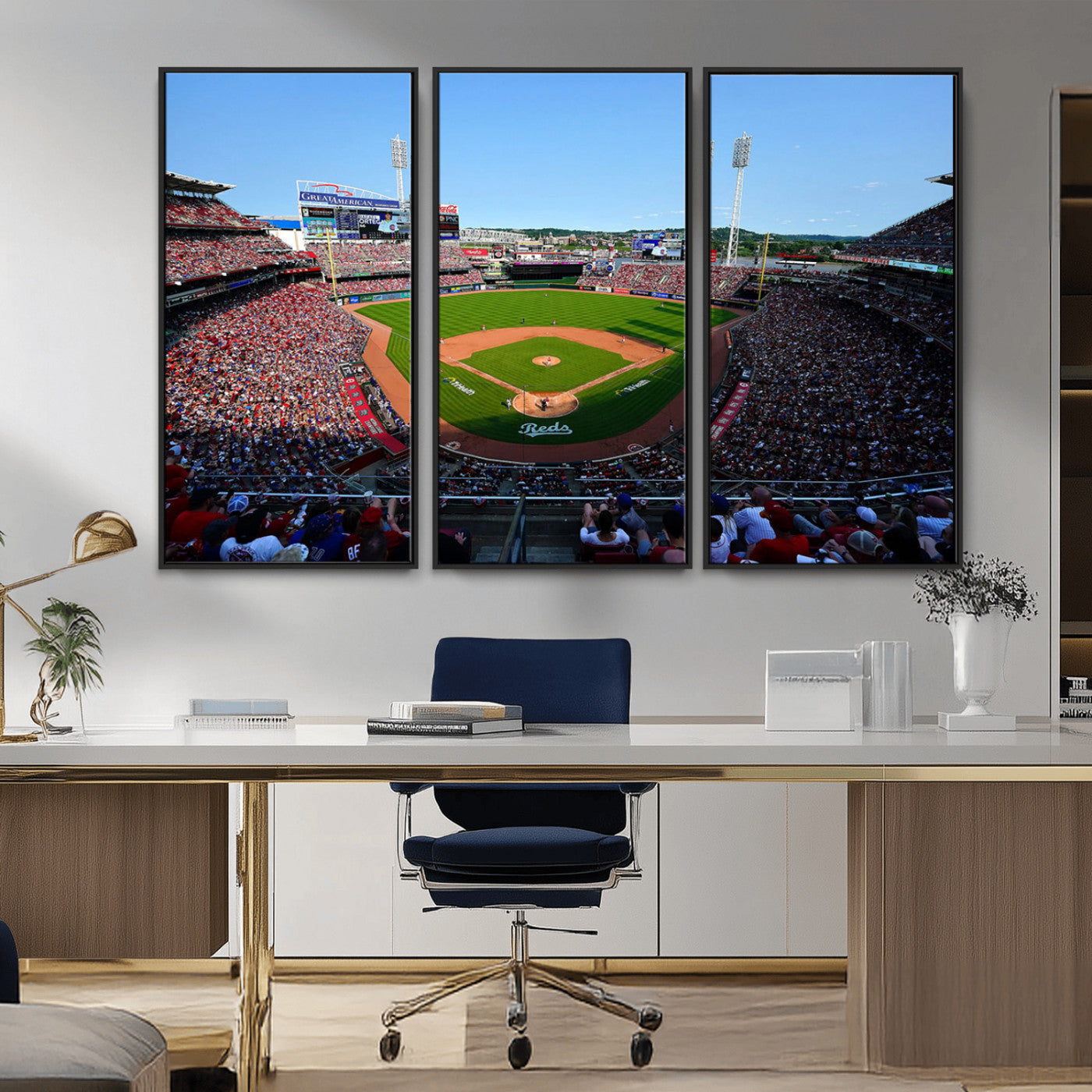 90998-MGV-CV-36X24-Baseball Stadium Wall Art – Canvas Print Day Game Field Packed Crowd Bright Blue Sky Sports Photography, Classic Decor for Game