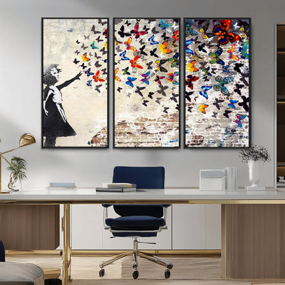 97895-MGV-CV-36X24-Girl with Butterflies Wall Art – Colorful Street Art Style Canvas Print, Modern Graffiti-Inspired Butterfly Artwork for Living