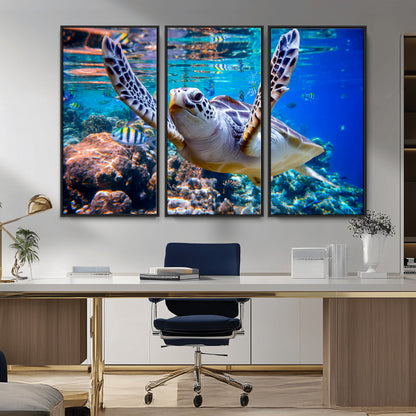 12683-MGV-FC-48X32-3P_Black-Sea Turtle Wall Art – Graceful Ocean Canvas Print with Coral Reef and Tropical Fish, Coastal Marine Life Decor for Beach House,