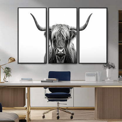 49556-MGV-CV-36X24-Highland Cow Wall Art – Black and White Scottish Highland Cattle Print, Rustic Farmhouse Minimalist Animal Portrait Canvas for
