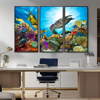44772-MGV-CV-36X24-Underwater Sea Turtle Wall Art – Vibrant Coral Reef and Tropical Fish Canvas Print, Ocean Marine Life Decor for Living Room,