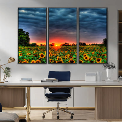 45045-MGV-CV-36X24-Sunflower Field Sunset Wall Art – Dramatic Stormy Sky Landscape Print, Vibrant Yellow Floral Nature Canvas for Living Room,