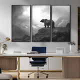 49504-MGV-CV-36X24-Black and White Grizzly Bear Wall Art – Wilderness Wildlife Painting, Rustic Mountain Cabin Decor, Monochrome Animal Print for