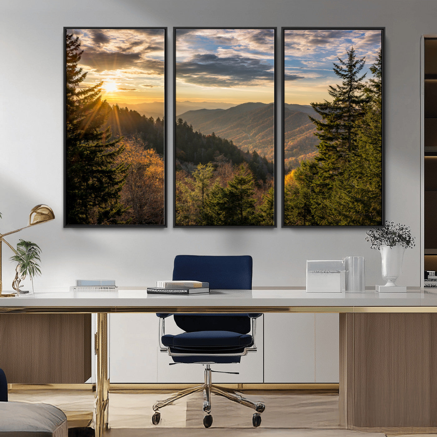 73692479-MGV-CV-36X24-Smoky Mountains Wall Art Canvas Print, Framed Forest Mountain Art Picture Print, Spring Mountain Perfect Spring Style Decor