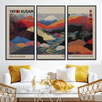 49228-MGV-FC-93X47-3P_Black-Kusama Wall Art – Vibrant Japanese Landscape Canvas Print, Modern Abstract Mountain and River Decor for Living Room, Office or Art
