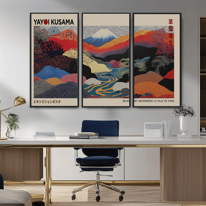 49228-MGV-FC-93X47-3P_Black-Kusama Wall Art – Vibrant Japanese Landscape Canvas Print, Modern Abstract Mountain and River Decor for Living Room, Office or Art