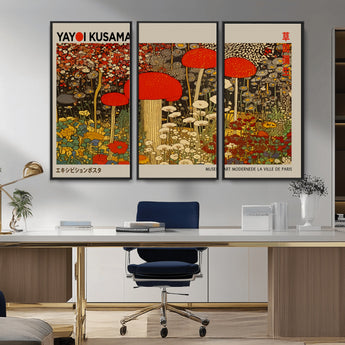 38013-MGV-CV-36X24-Yayoi Kusama Inspired Mushroom Garden Wall Art – Whimsical Botanical Canvas Print, Surreal Nature Poster, Fantasy Floral Artwork
