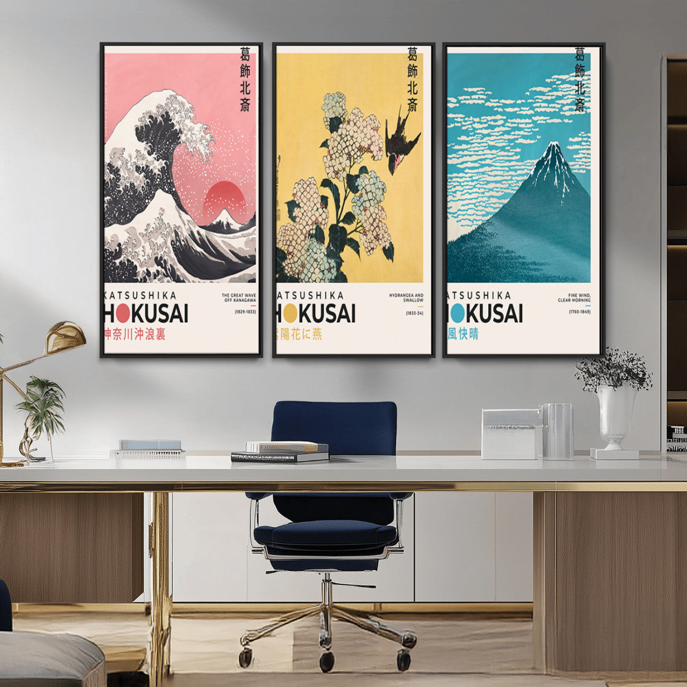 Katsushika-MGV-CV-36X24-Katsushika Hokusai Wall Art Set – The Great Wave, Hydrangea and Swallow, Fine Wind Canvas Prints, Japanese Ukiyo e Style Home and