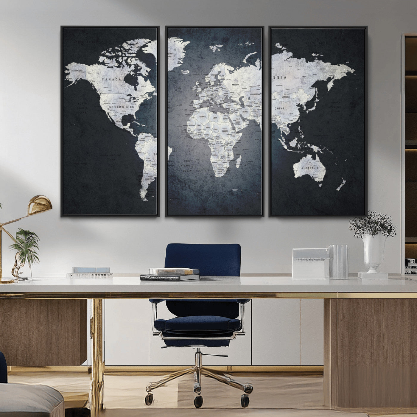 19124-MGV-CV-36X24-Modern World Map Wall Art – Black and White Canvas Print, Minimalist Global Map Decor for Office, Study, Bedroom or Living Room