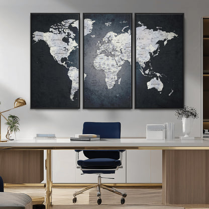 19124-MGV-CV-36X24-Modern World Map Wall Art – Black and White Canvas Print, Minimalist Global Map Decor for Office, Study, Bedroom or Living Room