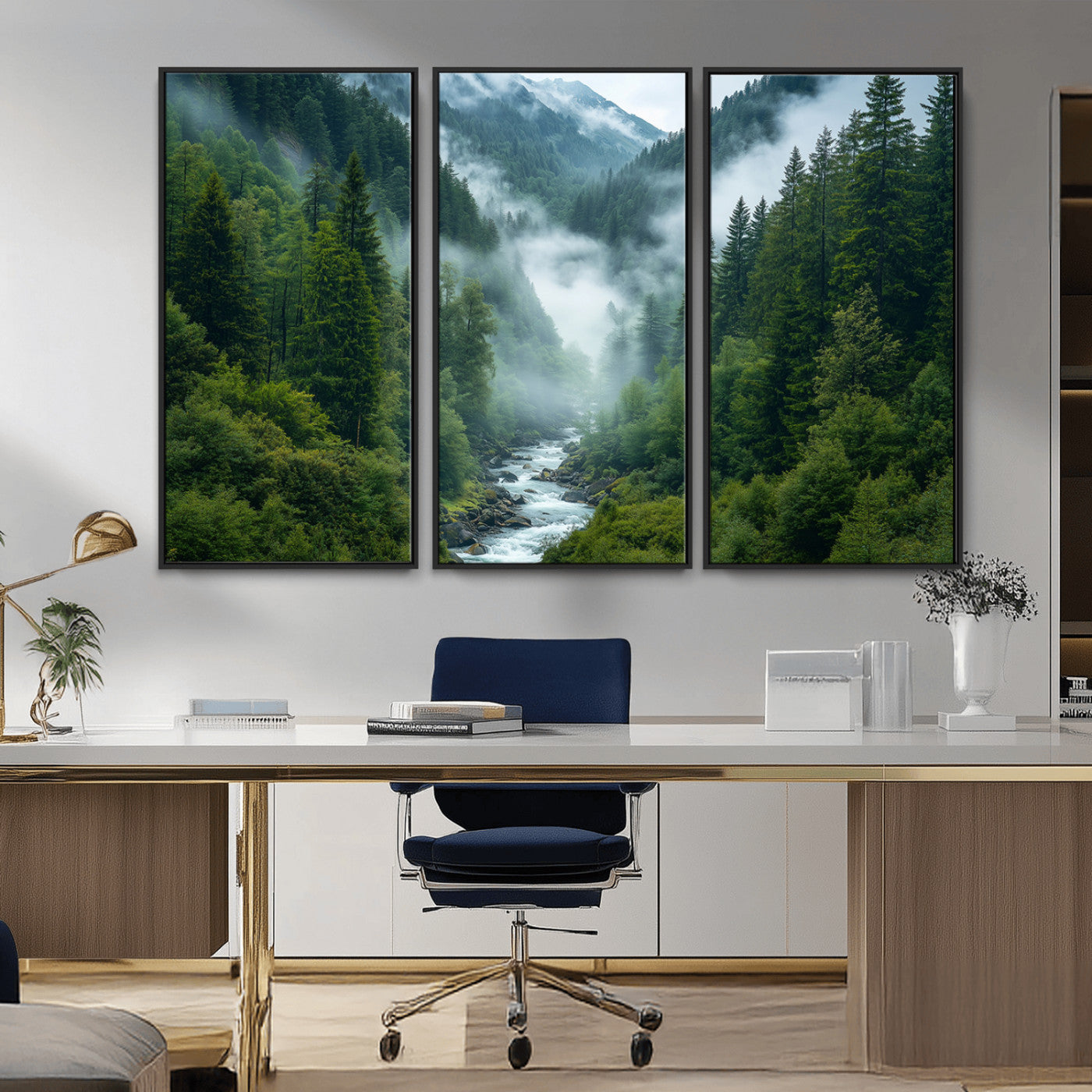 69453-MGV-CV-36X24-Mountain Forest Wall Art – Misty River and Evergreen Landscape Canvas Print, Nature Photography Poster for Living Room, Bedroom,