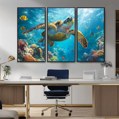 37623-MGV-CV-36X24-Sea Turtle Wall Art – Underwater Ocean Canvas Print with Coral Reef and Tropical Fish, Marine Life Painting Poster for Living